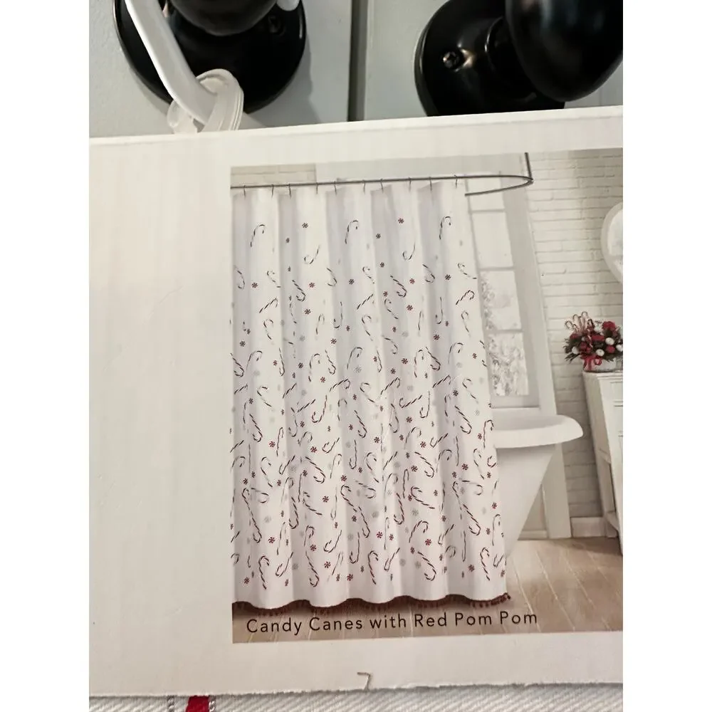 Cynthia Rowley Candy Canes Peppermint Candy Silver Highlights Shower Curtain